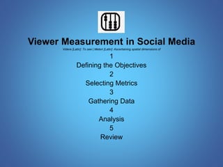 Viewer Measurement in Social Media 
Videre [Latin]: To see | Meteri [Latin]: Ascertaining spatial dimensions of 
1 
Defining the Objectives 
2 
Selecting Metrics 
3 
Gathering Data 
4 
Analysis 
5 
Review 
 