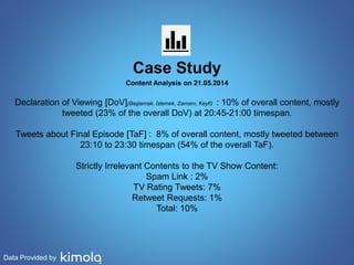 Data Provided by 
Case Study 
Content Analysis on 21.05.2014 
Declaration of Viewing [DoV](Başlamak, İzlemek, Zamanı, Keyfi) : 10% of overall content, mostly 
tweeted (23% of the overall DoV) at 20:45-21:00 timespan. 
Tweets about Final Episode [TaF] : 8% of overall content, mostly tweeted between 
23:10 to 23:30 timespan (54% of the overall TaF). 
Strictly Irrelevant Contents to the TV Show Content: 
Spam Link : 2% 
TV Rating Tweets: 7% 
Retweet Requests: 1% 
Total: 10% 
 