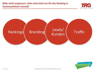 Bihe	
  nicht	
  vergessen:	
  Links	
  sind	
  nicht	
  nur	
  für	
  das	
  Ranking	
  in	
  
Suchmaschinen	
  sinnvoll.	
  




                                                                              Leads/
           Rankings	
                 Branding	
                                                   Traﬃc	
  
                                                                              Kunden	
  




13.11.12	
                                    Strategische	
  Online	
  Marke0ng	
  Beratung	
                 22	
  
 