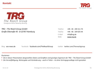 Kontakt	
  


                                                                                                                                                                                                         	
  




TRG	
  –	
  The	
  Reach	
  Group	
  GmbH 	
                           	
                 	
                	
  Telefon	
      	
  +49	
  .	
  40	
  .	
  209	
  311	
  70	
  	
  
Große	
  Elbstraße	
  45	
  .	
  D-­‐22767	
  Hamburg                  	
                 	
                	
  Telefax	
      	
  +49	
  .	
  40	
  .	
  329	
  625	
  44	
  	
  
                  	
              	
            	
                     	
                 	
                	
  E-­‐Mail	
     	
  info@trg.de	
  
                 	
                	
                	
                	
                 	
                	
  Web            	
  www.trg.de	
                                      	
  	
  
	
  
	
  
	
  
Blog	
  	
  	
  seo-­‐news.de       	
  	
  	
  	
  facebook 	
  facebook.com/TheReachGroup                  	
  twider	
  	
  	
  twider.com/Thereachgroup	
  
	
  
	
  
	
  
Disclaimer:	
  
§  Die	
  in	
  dieser	
  Präsenta1on	
  dargestellten	
  Daten	
  und	
  Graﬁken	
  sind	
  geis1ges	
  Eigentum	
  der	
  TRG	
  –	
  The	
  Reach	
  Group	
  GmbH	
  	
  
§  Die	
  Vervielfäl1gung,	
  Weitergabe	
  und	
  Veränderung	
  –	
  auch	
  in	
  Teilen	
  –	
  ist	
  ohne	
  Vertragsgrundlage	
  nicht	
  gestaEet	
  



  13.11.12	
                                                   Strategische	
  Online	
  Marke0ng	
  Beratung	
                                                                                 55	
  
 