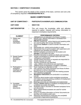 Training Regulation Housekeeping NC II TESDA | PDF