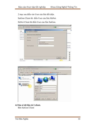 Báo cáo thực tập tốt nghiệp Khoa Công Nghệ Thông Tin
Trà Hữu Nghĩa 30
2 mục sau điền vào User của Site đối diện.
SaiGon Client thì điền User của Site HaNoi.
HaNoi Client thì điền User của Site SaiGon.
4.Chia sẽ dữ liệu từ 2 client.
Bên SaiGon Client
 
