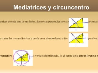 Mediatrices y circuncentro Las  mediatrices  de un triángulo son las mediatrices de cada uno de sus lados. Son rectas perpendiculares a cada uno de los lados trazadas en su punto medio El  circuncentro  es el punto donde se cortan las tres mediatrices y puede estar situado dentro o fuera del triángulo, dependiendo del tipo éste. El  circuncentro  equidista de los tres vértices del triángulo. Es el centro de la  circunferencia circunscrita  al triángulo. 