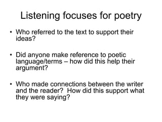 Listening focuses for poetry
• Who referred to the text to support their
ideas?
• Did anyone make reference to poetic
language/terms – how did this help their
argument?
• Who made connections between the writer
and the reader? How did this support what
they were saying?

 