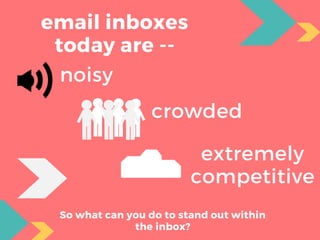 email inboxes
today are --
So what can you do to stand out within
the inbox?
noisy
crowded
extremely
competitive
 