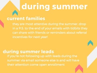 during summer
current families
during summer leads
they are most attentive during the summer. drop
in a P.S. to the end of your emails with tidbits they
can share with friends or reminders about referral
incentives for next year!
if you're not following up with leads during the
summer via email someone else is and will have
their attention come open enrollment
 