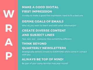 R
W
A
P
MAKE A GOOD DIGITAL
FIRST IMPRESSION
It's easy to make a good first impression, hard to fix a bad one
CREATE DIVERSE CONTENT
AND SUBJECT LINES
Test, test, test - everyone likes something different
THINK BEYOND
QUARTERLY NEWSLETTERS
Strategically delivery emails to EVERYONE who's come in contact
with you
ALWAYS BE TOP OF MIND!
Be part of your camp families lives year-round!
DEFINE GOALS OF EMAILS
Who do you want to reach and with what information?
 