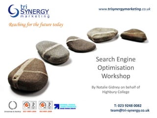 www.trisynergymarketing.co.uk Reaching for the future today Search Engine Optimisation Workshop By Natalie Gidney on behalf of Highbury College                     T: 023 9248 0082                 team@tri-synergy.co.uk 