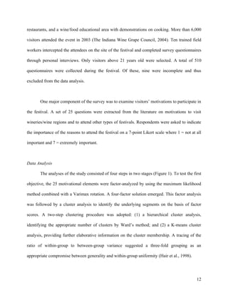 restaurants, and a wine/food educational area with demonstrations on cooking. More than 6,000

visitors attended the event in 2003 (The Indiana Wine Grape Council, 2004). Ten trained field

workers intercepted the attendees on the site of the festival and completed survey questionnaires

through personal interviews. Only visitors above 21 years old were selected. A total of 510

questionnaires were collected during the festival. Of these, nine were incomplete and thus

excluded from the data analysis.



       One major component of the survey was to examine visitors’ motivations to participate in

the festival. A set of 25 questions were extracted from the literature on motivations to visit

wineries/wine regions and to attend other types of festivals. Respondents were asked to indicate

the importance of the reasons to attend the festival on a 7-point Likert scale where 1 = not at all

important and 7 = extremely important.



Data Analysis

       The analyses of the study consisted of four steps in two stages (Figure 1). To test the first

objective, the 25 motivational elements were factor-analyzed by using the maximum likelihood

method combined with a Varimax rotation. A four-factor solution emerged. This factor analysis

was followed by a cluster analysis to identify the underlying segments on the basis of factor

scores. A two-step clustering procedure was adopted: (1) a hierarchical cluster analysis,

identifying the appropriate number of clusters by Ward’s method; and (2) a K-means cluster

analysis, providing further elaborative information on the cluster membership. A tracing of the

ratio of within-group to between-group variance suggested a three-fold grouping as an

appropriate compromise between generality and within-group uniformity (Hair et al., 1998).




                                                                                                 12
 