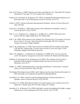 Getz, D. & Cheyne, J. (2002). Special event motives and behavior. In C. Ryan (Ed) The Tourism
       Experience (2nd ed.) (pp. 137-155). London, UK: Continuum.

Gitelson, R.J., Kerstetter, D., & Kiernan, N.E. (1995). Evaluating the educational objectives of a
       short-term event. Festival Management and Event Tourism, 3(1), 9-14.

Gnoth, J. (1997). Tourism motivation and expectation formation. Annals of Tourism Research,
       24(2), 283-304.

Green, B. C. & Chalip, L. (1998). Sport tourism as the celebration of subculture. Annals of
       Tourism Research, 25(2), 274-291.

Hair, Jr., J. F., Anderson, R. E., Tatham, R. L., & Black, W. C. (1998). Multivariate data
        analysis (5th ed.). Upper Saddle River, NJ: Prentice Hall.

Hall, C. M. (1996). Wine tourism in New Zealand. In G. Kearsley (Ed.), Proceedings of Tourism
       Down Under II: Towards a More Sustainable Tourism (pp. 109-119). Centre for
       Tourism, University of Otago, Dunedin.

Hall, C. M., & Macionis, N. (1998). Wine tourism in Australia and New Zealand. In R. Butler,
       C.M. Hall, & J. Jenkins (Eds.), Tourism and recreation in rural Areas (pp. 97-224).
       Chichester, England: John Wiley & Sons Ltd.

Hall, C. M., Sharples, L., Cambourne, B., & Macionis, N. (2000). Wine tourism around the
       world: Development, management and markets. Oxford, UK: Butterworth-Heinemann.

Hoffman, D., Beverland, M. B., & Rasmussen, M. (2001). The evolution of wine events in
      Australia and New Zealand: A proposed model. International Journal of Wine
      Marketing, 13(1), 54-71.

Holden, A. (1999). Understanding skiers’ motivation using Pearce’s “travel career” construct.
      Annals of Tourism Research, 26(2), 435-438.

The Indiana Wine Grape Council (2004, April). Indiana wine fact sheet. Retrieved November 12,
       2004, from http://www.indianawines.org/files/wordfactsheet04.doc

Iso-Ahola, S. E. (1982). Toward a social psychological theory of tourism motivation: A
      rejoinder. Annals of Tourism Research, 9(2), 256-262.

Iso-Ahola, S. E. (1989). Motivation for leisure. In Understanding Leisure and Recreation (E.L.
      Jackson & T. Burton, eds), 247-279. State College, PA: Venture.

Kerstetter, D. L. & Mowrer, P. H. (1998). Individuals’ reasons for attending First Night, a unique
       cultural event. Festival Management & Event Tourism, 5(3), 139-146.




                                                                                                25
 