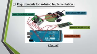  Requirements for arduino Implementation : 
Bluetooth module HC-06 
Motor Driver L298 module 
Robot chassis ARX-CH09 
Arduino Mega ADK 
Figure-2 
 