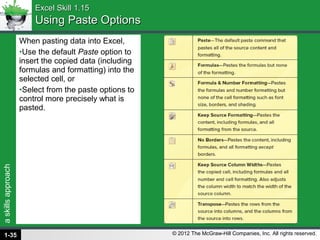 askillsapproach
© 2012 The McGraw-Hill Companies, Inc. All rights reserved.
When pasting data into Excel,
•Use the default Paste option to
insert the copied data (including
formulas and formatting) into the
selected cell, or
•Select from the paste options to
control more precisely what is
pasted.
Excel Skill 1.15Excel Skill 1.15
Using Paste OptionsUsing Paste Options
1-35
 