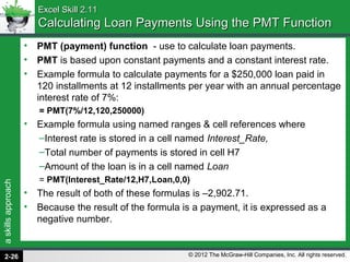 askillsapproach
© 2012 The McGraw-Hill Companies, Inc. All rights reserved.
Excel Skill 2.11Excel Skill 2.11
Calculating Loan Payments Using the PMT FunctionCalculating Loan Payments Using the PMT Function
• PMT (payment) function - use to calculate loan payments.
• PMT is based upon constant payments and a constant interest rate.
• Example formula to calculate payments for a $250,000 loan paid in
120 installments at 12 installments per year with an annual percentage
interest rate of 7%:
= PMT(7%/12,120,250000)
• Example formula using named ranges & cell references where
–Interest rate is stored in a cell named Interest_Rate,
–Total number of payments is stored in cell H7
–Amount of the loan is in a cell named Loan
= PMT(Interest_Rate/12,H7,Loan,0,0)
• The result of both of these formulas is –2,902.71.
• Because the result of the formula is a payment, it is expressed as a
negative number.
2-26
 