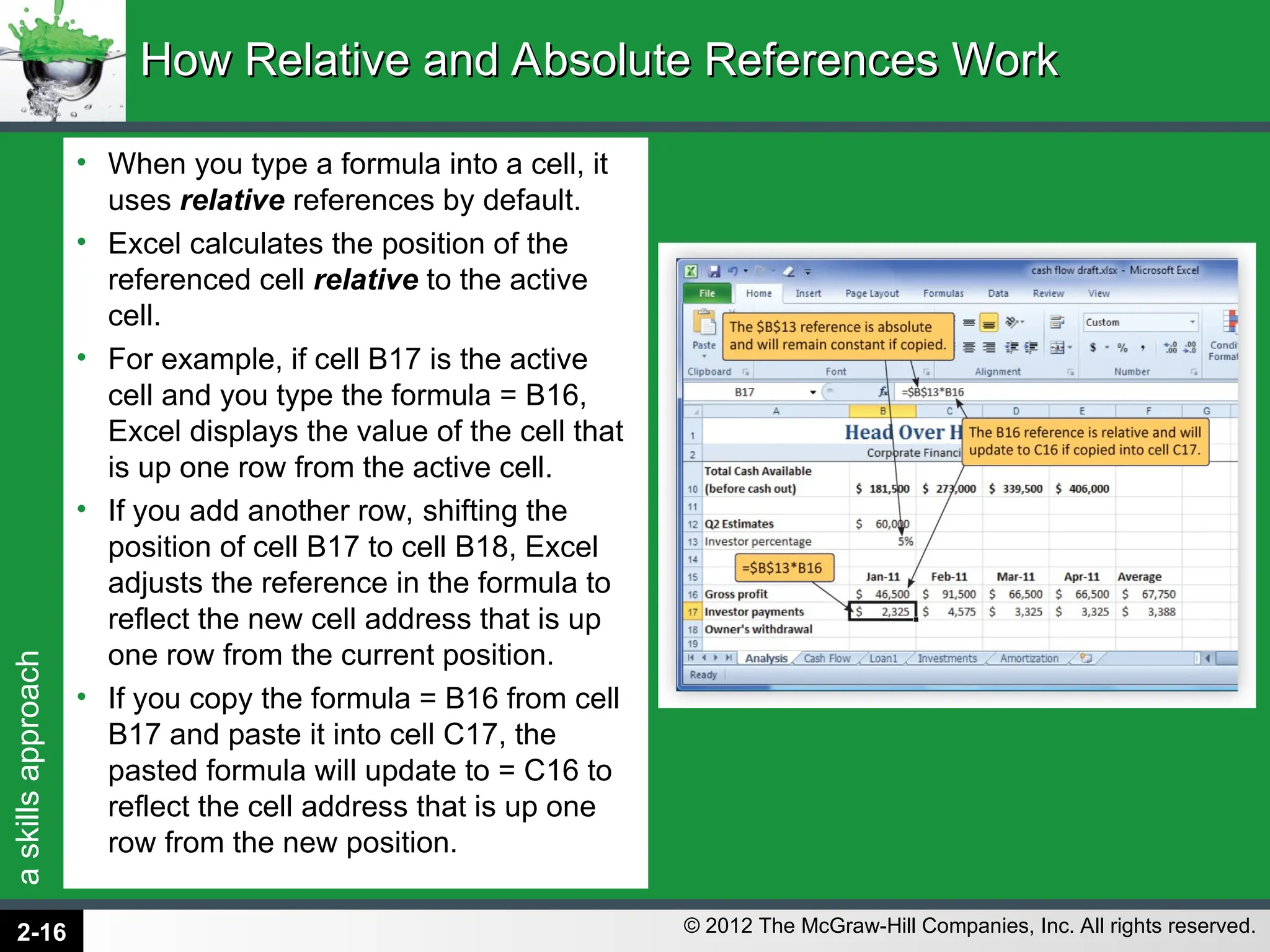 a
skills
approach
© 2012 The McGraw-Hill Companies, Inc. All rights reserved.
• When you type a formula into a cell, it
uses relative references by default.
• Excel calculates the position of the
referenced cell relative to the active
cell.
• For example, if cell B17 is the active
cell and you type the formula = B16,
Excel displays the value of the cell that
is up one row from the active cell.
• If you add another row, shifting the
position of cell B17 to cell B18, Excel
adjusts the reference in the formula to
reflect the new cell address that is up
one row from the current position.
• If you copy the formula = B16 from cell
B17 and paste it into cell C17, the
pasted formula will update to = C16 to
reflect the cell address that is up one
row from the new position.
How Relative and Absolute References Work
How Relative and Absolute References Work
2-16
 