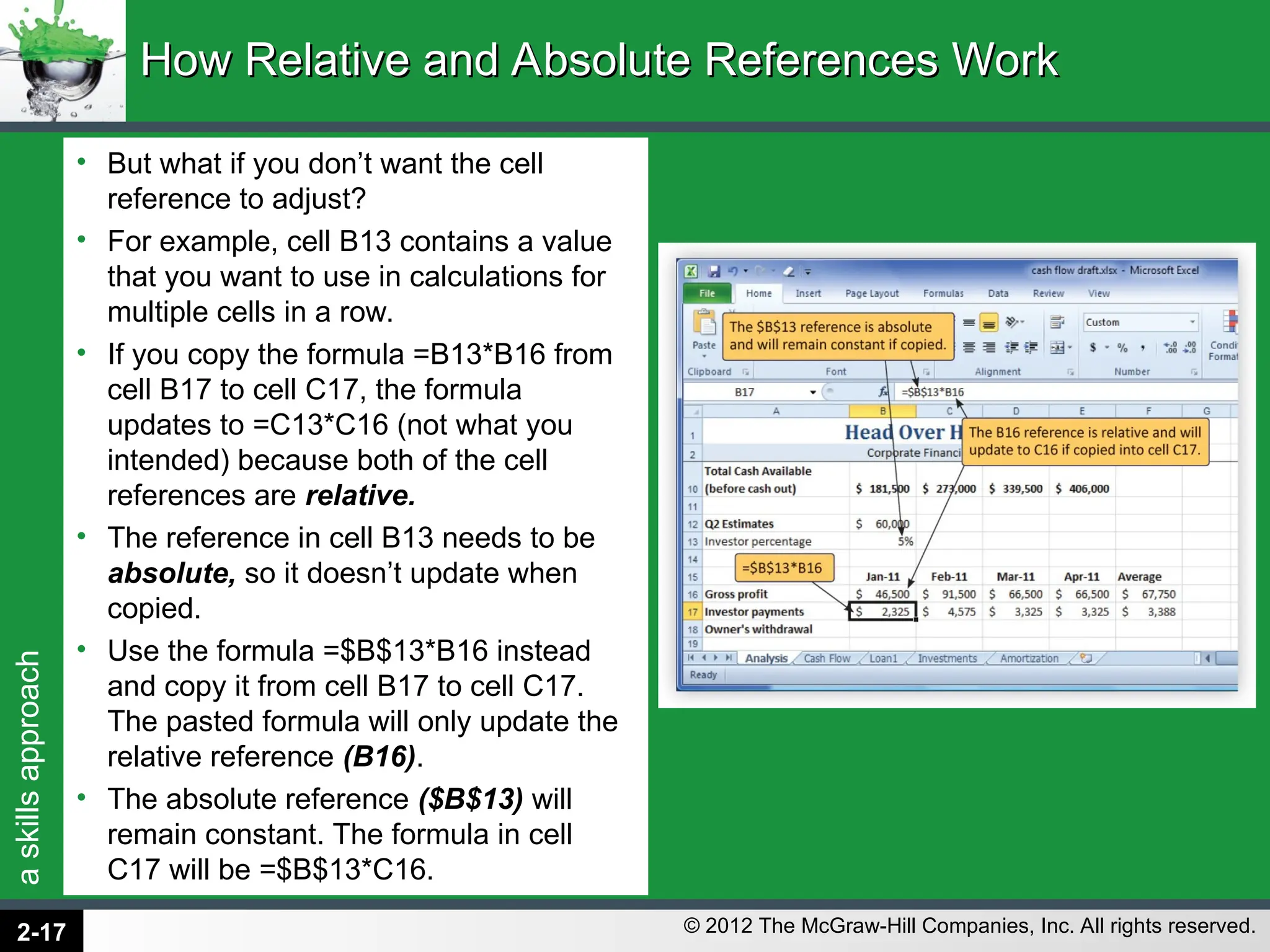 a
skills
approach
© 2012 The McGraw-Hill Companies, Inc. All rights reserved.
• But what if you don’t want the cell
reference to adjust?
• For example, cell B13 contains a value
that you want to use in calculations for
multiple cells in a row.
• If you copy the formula =B13*B16 from
cell B17 to cell C17, the formula
updates to =C13*C16 (not what you
intended) because both of the cell
references are relative.
• The reference in cell B13 needs to be
absolute, so it doesn’t update when
copied.
• Use the formula =$B$13*B16 instead
and copy it from cell B17 to cell C17.
The pasted formula will only update the
relative reference (B16).
• The absolute reference ($B$13) will
remain constant. The formula in cell
C17 will be =$B$13*C16.
How Relative and Absolute References Work
How Relative and Absolute References Work
2-17
 