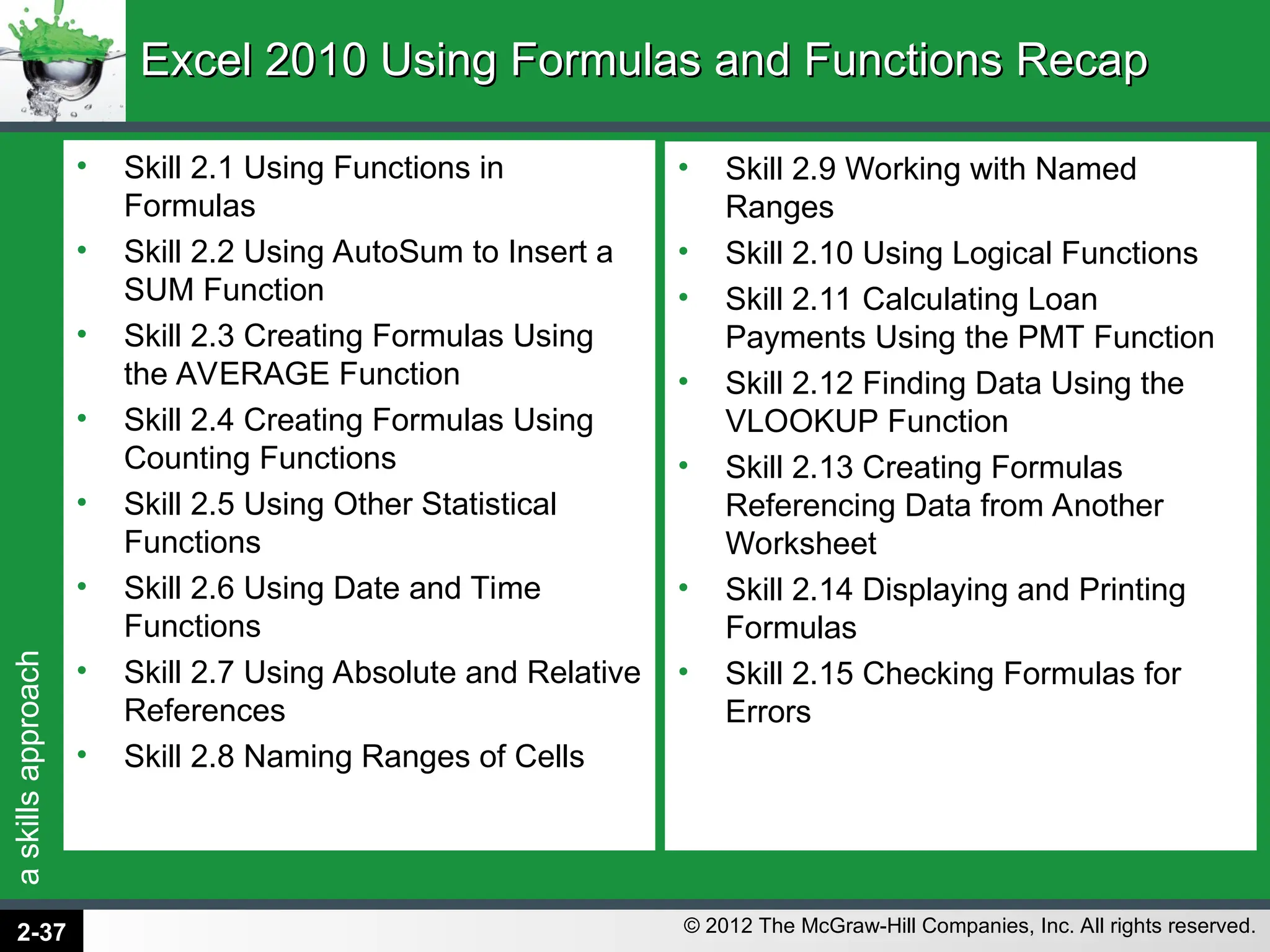 a
skills
approach
© 2012 The McGraw-Hill Companies, Inc. All rights reserved.
Excel 2010 Using Formulas and Functions Recap
Excel 2010 Using Formulas and Functions Recap
• Skill 2.1 Using Functions in
Formulas
• Skill 2.2 Using AutoSum to Insert a
SUM Function
• Skill 2.3 Creating Formulas Using
the AVERAGE Function
• Skill 2.4 Creating Formulas Using
Counting Functions
• Skill 2.5 Using Other Statistical
Functions
• Skill 2.6 Using Date and Time
Functions
• Skill 2.7 Using Absolute and Relative
References
• Skill 2.8 Naming Ranges of Cells
• Skill 2.9 Working with Named
Ranges
• Skill 2.10 Using Logical Functions
• Skill 2.11 Calculating Loan
Payments Using the PMT Function
• Skill 2.12 Finding Data Using the
VLOOKUP Function
• Skill 2.13 Creating Formulas
Referencing Data from Another
Worksheet
• Skill 2.14 Displaying and Printing
Formulas
• Skill 2.15 Checking Formulas for
Errors
2-37
 