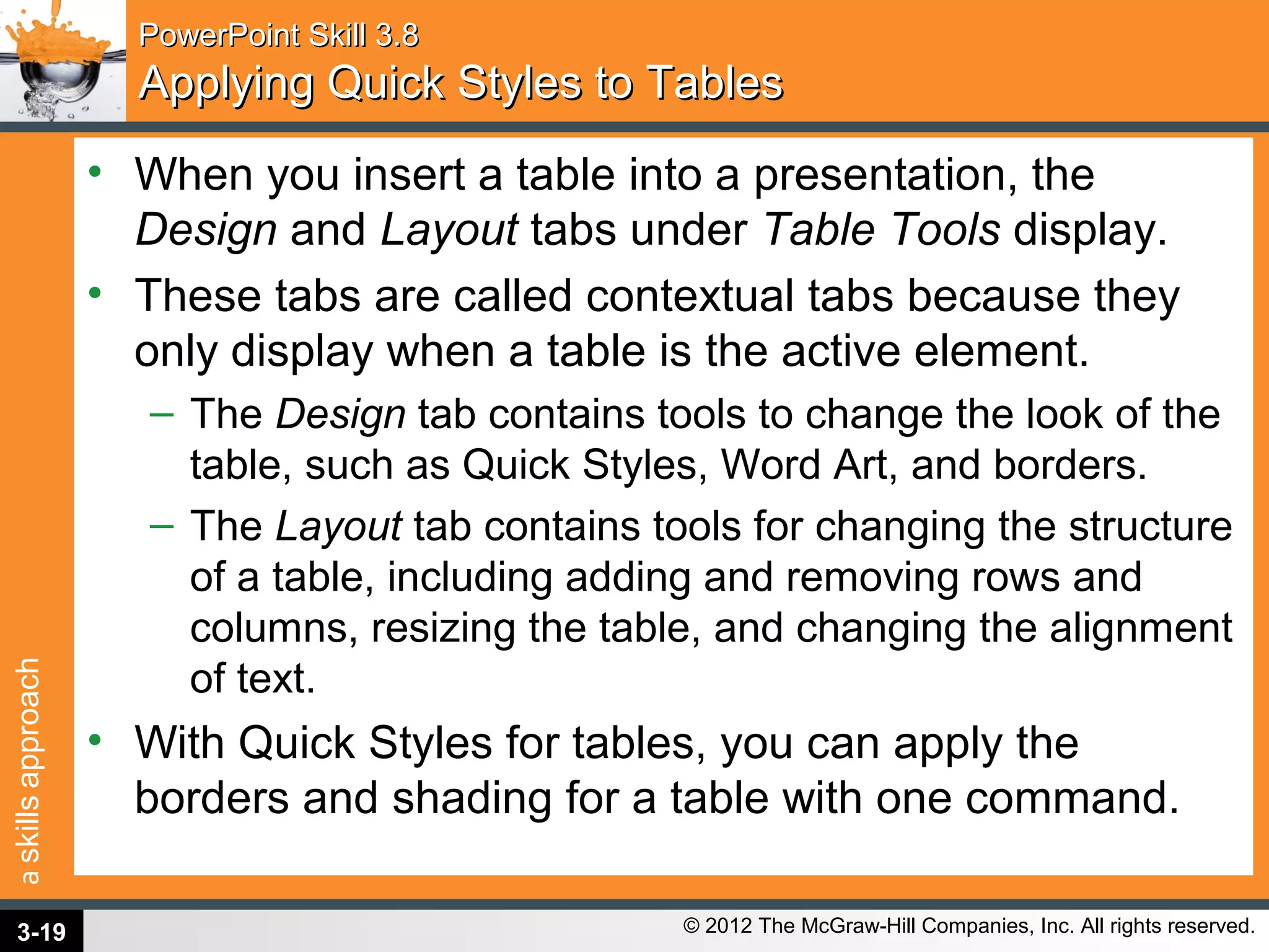 askillsapproach
© 2012 The McGraw-Hill Companies, Inc. All rights reserved.
PowerPoint Skill 3.8PowerPoint Skill 3.8
Applying Quick Styles to TablesApplying Quick Styles to Tables
• When you insert a table into a presentation, the
Design and Layout tabs under Table Tools display.
• These tabs are called contextual tabs because they
only display when a table is the active element.
– The Design tab contains tools to change the look of the
table, such as Quick Styles, Word Art, and borders.
– The Layout tab contains tools for changing the structure
of a table, including adding and removing rows and
columns, resizing the table, and changing the alignment
of text.
• With Quick Styles for tables, you can apply the
borders and shading for a table with one command.
3-19
 