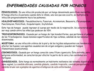 PENICILIOSIS. Es una infección producida por un hongo denominado penicillium marneffei, .
El hongo afecta a la persona cuando ésta lo inhala, una vez que eso ocurre, se multiplica la
infección progresivamente hacia los pulmones.
HIALOHIFAMICOSIS. Pseudallescheria, Fusarium, Acremonium, Beauvaria, Chrysosporium,
Paecilomyces, Penicillium, Scopulariopsis, Scytalidium
Este tipo de hongos puede ingresar al cuerpo por medio de la respiración. Se caracteriza por
ser muy común entre los niños que padecen de VIH.
TRICHOSPORONOSIS. Causada por un hongo de tipo levaduriforme, que pertenece al género
de los Trischosporon. Causa lesiones superficiales de tipo cutáneo, además de las lesiones
diseminadas.
MICETOMA. es una infección crónica de la piel y de los tejidos subyacentes con tendencia a
afectar los huesos. Los agentes causales son de origen exógeno y pueden ser hongos
filamentosos (eumicetoma).
CIGOMICOSIS. Causada por un hongo conocido como filium cigomicota. Ésta extraña, pero
peligrosa enfermedad, se caracteriza por afectar la parte de la cara y las cavidades oro
faríngeas.
CANDIDIASIS. Este hongo es normalmente un habitante inofensivo del sistema digestivo y la
zona vaginal, La candida albicans, candida globata, candida tropicalis, candida parapsilosis y
candida krusei son ejemplos de agentes etiológicos de esta enfermedad. 
ENFERMEDADES CAUSADAS POR HONGOS
 