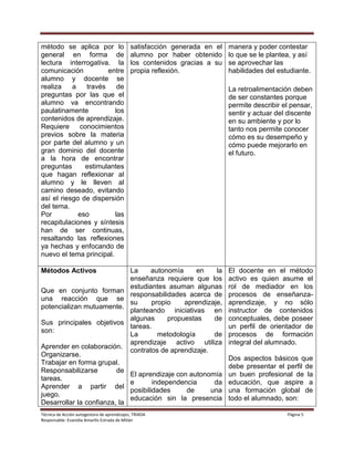 Técnica de Acción autogestora de aprendizajes, TRIADA Página 5
Responsable: Evanidia Amarilis Estrada de Milián
método se aplica por lo
general en forma de
lectura interrogativa. la
comunicación entre
alumno y docente se
realiza a través de
preguntas por las que el
alumno va encontrando
paulatinamente los
contenidos de aprendizaje.
Requiere conocimientos
previos sobre la materia
por parte del alumno y un
gran dominio del docente
a la hora de encontrar
preguntas estimulantes
que hagan reflexionar al
alumno y le lleven al
camino deseado, evitando
así el riesgo de dispersión
del tema.
Por eso las
recapitulaciones y síntesis
han de ser continuas,
resaltando las reflexiones
ya hechas y enfocando de
nuevo el tema principal.
satisfacción generada en el
alumno por haber obtenido
los contenidos gracias a su
propia reflexión.
manera y poder contestar
lo que se le plantea, y así
se aprovechar las
habilidades del estudiante.
La retroalimentación deben
de ser constantes porque
permite describir el pensar,
sentir y actuar del discente
en su ambiente y por lo
tanto nos permite conocer
cómo es su desempeño y
cómo puede mejorarlo en
el futuro.
Métodos Activos
Que en conjunto forman
una reacción que se
potencializan mutuamente.
Sus principales objetivos
son:
Aprender en colaboración.
Organizarse.
Trabajar en forma grupal.
Responsabilizarse de
tareas.
Aprender a partir del
juego.
Desarrollar la confianza, la
La autonomía en la
enseñanza requiere que los
estudiantes asuman algunas
responsabilidades acerca de
su propio aprendizaje,
planteando iniciativas en
algunas propuestas de
tareas.
La metodología de
aprendizaje activo utiliza
contratos de aprendizaje.
El aprendizaje con autonomía
e independencia da
posibilidades de una
educación sin la presencia
El docente en el método
activo es quien asume el
rol de mediador en los
procesos de enseñanza-
aprendizaje, y no sólo
instructor de contenidos
conceptuales, debe poseer
un perfil de orientador de
procesos de formación
integral del alumnado.
Dos aspectos básicos que
debe presentar el perfil de
un buen profesional de la
educación, que aspire a
una formación global de
todo el alumnado, son:
 