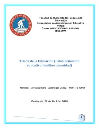 Facultad de Humanidades, Escuela de
Educación
Licenciatura en Administración Educativa
Virtual
Curso: ORIENTACIÓN DE LA GESTIÓN
EDUCATIVA
Triada de la Educación (Establecimiento
educativo-familia-comunidad)
Nombre: Mercy Daynariz Mazariegos López 9614-15-10991
Guatemala 27 de Abril del 2020
 