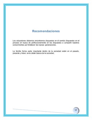 Recomendaciones
Los educadores debemos encontramos dispuestos en el cambio dispuestos en el
proceso en busca de perfeccionamiento en los dispuestos a compartir nuestros
conocimientos por fortalecer las nuevas generaciones.
La familia forma parte importante dentro de la sociedad están en el pasado,
presente y futuro es la célula básica de la sociedad.
 
