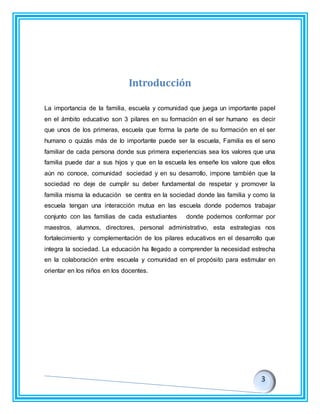 Introducción
La importancia de la familia, escuela y comunidad que juega un importante papel
en el ámbito educativo son 3 pilares en su formación en el ser humano es decir
que unos de los primeras, escuela que forma la parte de su formación en el ser
humano o quizás más de lo importante puede ser la escuela, Familia es el seno
familiar de cada persona donde sus primera experiencias sea los valores que una
familia puede dar a sus hijos y que en la escuela les enseñe los valore que ellos
aún no conoce, comunidad sociedad y en su desarrollo, impone también que la
sociedad no deje de cumplir su deber fundamental de respetar y promover la
familia misma la educación se centra en la sociedad donde las familia y como la
escuela tengan una interacción mutua en las escuela donde podemos trabajar
conjunto con las familias de cada estudiantes donde podemos conformar por
maestros, alumnos, directores, personal administrativo, esta estrategias nos
fortalecimiento y complementación de los pilares educativos en el desarrollo que
integra la sociedad. La educación ha llegado a comprender la necesidad estrecha
en la colaboración entre escuela y comunidad en el propósito para estimular en
orientar en los niños en los docentes.
 