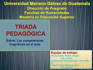 Sobre: Las competencias
Cognitivas en el aula
Dirección de Posgrado
Facultad de Humanidades
Maestría en Educación Superior
Equipo de trabajo:
Handy Cárlily Robles Aragón
7752-11142-61
Karla Vanessa Velásquez Kegel 7752-14199-
68
Adriana Cecilia Fuentes Escobar
7751-09137-08
 