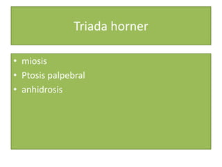 Triada horner
• miosis
• Ptosis palpebral
• anhidrosis
 