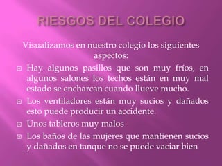 RIESGOS DEL COLEGIOVisualizamos en nuestro colegio los siguientes aspectos:Hay algunos pasillos que son muy fríos, en algunos salones los techos están en muy mal estado se encharcan cuando llueve mucho.Los ventiladores están muy sucios y dañados esto puede producir un accidente.Unos tableros muy malos Los baños de las mujeres que mantienen sucios y dañados en tanque no se puede vaciar bien