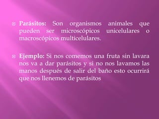 Parásitos: Son organismos animales que pueden ser microscópicos unicelulares o macroscópicos multicelulares. Ejemplo: Si nos comemos una fruta sin lavara nos va a dar parásitos y si no nos lavamos las manos después de salir del baño esto ocurrirá que nos llenemos de parásitos