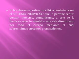 El hombre en su estructura física también posee el SISTEMA NERVIOSO que le permite sentir, pensar, moverse, comunicarse, a este se le llama es aspecto mental y este esta diseminado por todo el cuerpo mediante el cual sobrevivimos crecemos y tan sedemos.