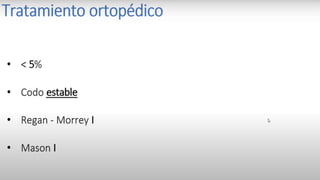 FRACTURAS DE HUMERO PROXIMAL ,INDICACIONES MANEJO NO QUIRURGICO
1. Fracturas no desplazadas: Desplazamiento menor de 5 mm superior, o 10 mm posterior del troquiter en pacientes
activos.
2. Desplazamiento <10 mm superior en brazo no dominante de pacientes sedentarios.
3. En fracturas de cuello quirúrgico cualquier contacto óseo en ancianos.
A. En pacientes jóvenes activos , desplazamiento <50% del diámetro de la diáfisis y <45° de angulación en brazo
dominante
4. Pacientes dispuestos a tener un hombro rígido
5. Pacientes con patologías añadidas que no sea capaz de soportar la cirugía o anestesia.
6. Paciente mal candidato a rehabilitación, demasiado débil para seguir la rehabilitación o incapaz de comprender o
recordar las restricciones postoperatorias.
 