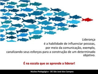 Liderança 
é a habilidade de influenciar pessoas, 
por meio da comunicação, exemplo, 
canalizando seus esforços para a construção de um determinado objetivo. 
É na escola que se aprende a liderar!  