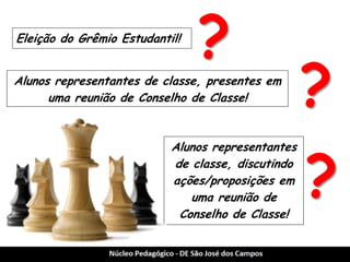 Eleição do Grêmio Estudantil! 
Alunos representantes de classe, presentes em uma reunião de Conselho de Classe! 
Alunos representantes de classe, discutindo ações/proposições em uma reunião de Conselho de Classe! 
? 
? 
?  