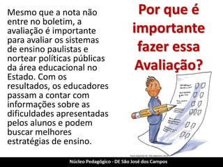Por que é importante fazer essa Avaliação? 
Mesmo que a nota não entre no boletim, a avaliação é importante para avaliar os sistemas de ensino paulistas e nortear políticas públicas da área educacional no Estado. Com os resultados, os educadores passam a contar com informações sobre as dificuldades apresentadas pelos alunos e podem buscar melhores estratégias de ensino.  