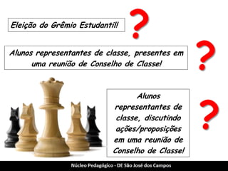 Eleição do Grêmio Estudantil! 
Alunos representantes de classe, presentes em uma reunião de Conselho de Classe! 
Alunos representantes de classe, discutindo ações/proposições em uma reunião de Conselho de Classe! 
? 
? 
?  