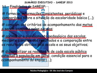 SUMÁRIO EXECUTIVO - SARESP 2013 
1.1. – Finalidades do SARESP: 
# fornecer informações consistentes, periódicas e comparáveis sobre a situação da escolaridade básica (...); 
# como um dos critérios de acompanhamento das metas a serem atingidas pelas escolas; 
# aprimorar o planejamento pedagógico das escolas, mediante a análise dos resultados e a comparação entre os resultados obtidos pela escola e os seus objetivos; 
# disponibilizar os resultados de cada escola pública estadual à população em geral, condição essencial para o acompanhamento do ensino (...);  