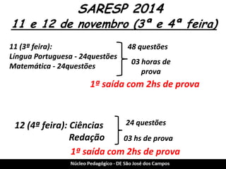 SARESP 2014 
11 e 12 de novembro (3ª e 4ª feira) 
11 (3ª feira): 
Língua Portuguesa - 24questões Matemática - 24questões 
12 (4ª feira): Ciências Redação 
48 questões 
03 horas de prova 
24 questões 
03 hs de prova 
1ª saída com 2hs de prova 
1ª saída com 2hs de prova  