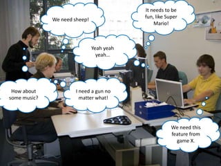 It needstobefun, like Super Mario!We needsheep!Yeahyeahyeah…I need a gun no matter what!How aboutsomemusic?We needthis feature from game X. 