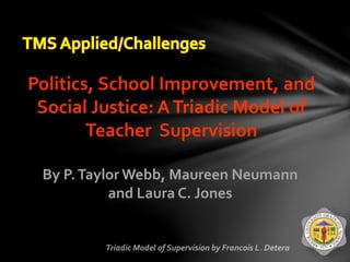 Politics, School Improvement, and
Social Justice: ATriadic Model of
Teacher Supervision
By P.Taylor Webb, Maureen Neumann
and Laura C. Jones
 