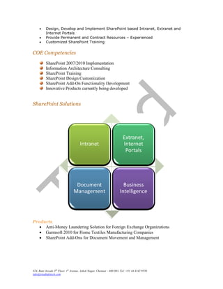     Design, Develop and Implement SharePoint based Intranet, Extranet and
          Internet Portals
         Provide Permanent and Contract Resources – Experienced
         Customized SharePoint Training


COE Competencies
          SharePoint 2007/2010 Implementation
          Information Architecture Consulting
          SharePoint Training
          SharePoint Design Customization
          SharePoint Add-On Functionality Development
          Innovative Products currently being developed


SharePoint Solutions




                                                                         Extranet,
                                      Intranet                           Internet
                                                                          Portals




                                  Document                              Business
                                 Management                           Intelligence




Products
    Anti-Money Laundering Solution for Foreign Exchange Organizations
    Garmsoft 2010 for Home Textiles Manufacturing Companies
    SharePoint Add-Ons for Document Movement and Management




#24, Rani Arcade 3rd Floor, 1st Avenue, Ashok Nagar, Chennai – 600 083, Tel: +91 44 4342 9550
info@triadinfotech.com
 