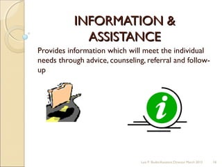 INFORMATION &INFORMATION &
ASSISTANCEASSISTANCE
Provides information which will meet the individual
needs through advice, counseling, referral and follow-
up
Lois P. Bodin/Assistant Director March 2013 16
 