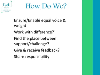 How Do We?
Ensure/Enable equal voice &
weight
Work with difference?
Find the place between
support/challenge?
Give & recei...