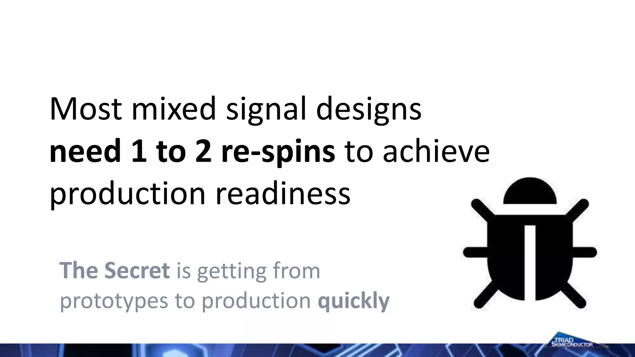 The Secret is getting from
prototypes to production quickly
Most mixed signal designs
need 1 to 2 re-spins to achieve
production readiness
 