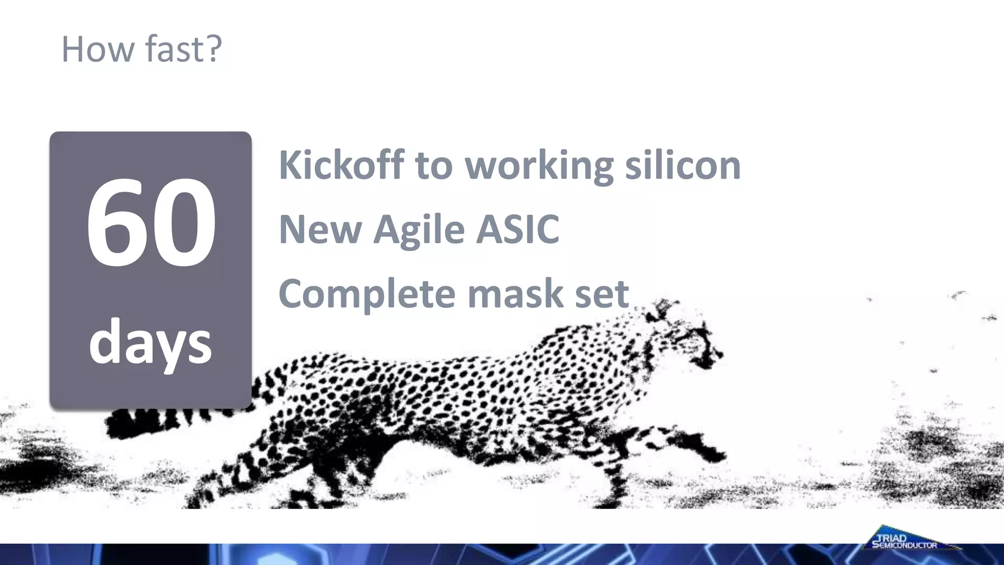 How fast?
Kickoff to working silicon
New Agile ASIC
Complete mask set
60
days
 