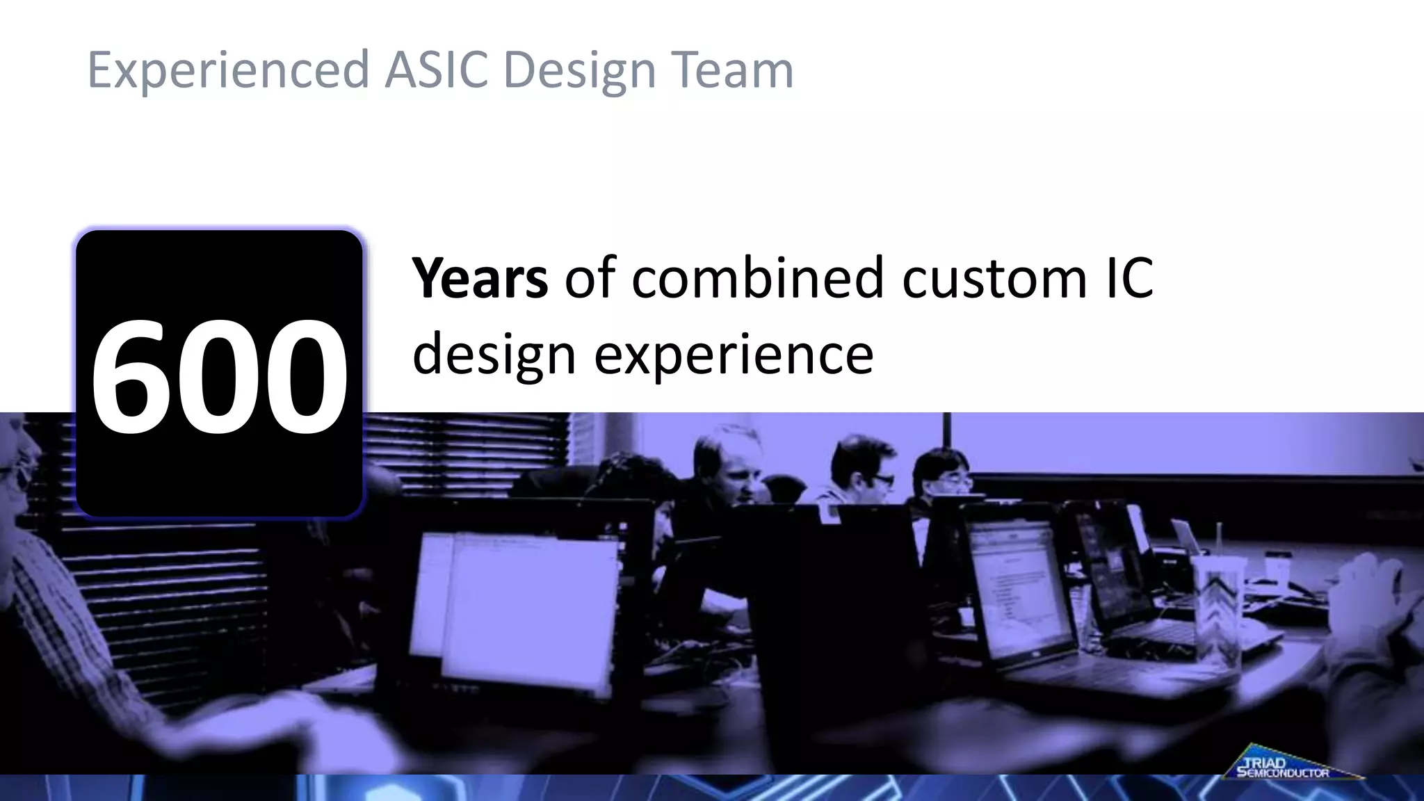 Experienced ASIC Design Team
Years of combined custom IC
design experience
600
 