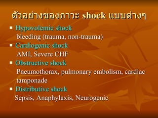 ตัวอย่างของภาวะ   shock  แบบต่างๆ <ul><li>Hypovolemic shock </li></ul><ul><li>bleeding (trauma, non-trauma) </li></ul><ul>...