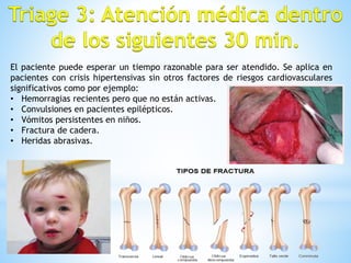 El paciente puede esperar un tiempo razonable para ser atendido. Se aplica en
pacientes con crisis hipertensivas sin otros factores de riesgos cardiovasculares
significativos como por ejemplo:
• Hemorragias recientes pero que no están activas.
• Convulsiones en pacientes epilépticos.
• Vómitos persistentes en niños.
• Fractura de cadera.
• Heridas abrasivas.
 