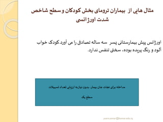 ‫شاخص‬ ‫سطح‬‫و‬ ‫کودکان‬‫بخو‬‫مای‬‫و‬‫تر‬ ‫ان‬‫ر‬‫بیما‬ ‫از‬‫هایی‬‫مثال‬
‫ی‬ ‫انس‬‫ژ‬‫ر‬‫او‬‫شدت‬
‫آورد‬ ‫می‬ ‫ا‬‫ر‬ ‫تصادفی‬ ‫ساله‬‫سه‬ ‫پسر‬ ‫ستانی‬‫ر‬‫بیما‬ ‫پیش‬ ‫انس‬‫ژ‬‫ر‬‫او‬.‫کودک‬‫خواب‬
‫د‬‫ر‬‫ندا‬ ‫تنفس‬ ‫ی‬ ‫سخ‬ ،‫بوده‬ ‫پریده‬ ‫نگ‬‫ر‬ ‫و‬ ‫آلود‬.
‫تسهیالت‬ ‫تعداد‬‫ارزیابی‬ ‫به‬‫نیاز‬ ‫ن‬‫بدو‬،‫بیمار‬ ‫جان‬ ‫نجات‬ ‫برای‬ ‫مداخله‬
‫یک‬ ‫سطح‬
yosra.anvar@komar.edu.iq
 