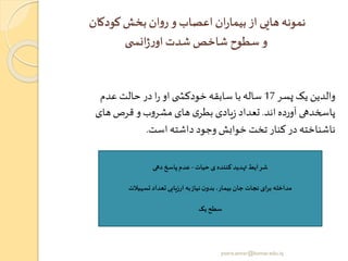 ‫کودکان‬‫بخش‬ ‫ان‬‫و‬‫ر‬ ‫و‬ ‫اعصاب‬ ‫ان‬‫ر‬‫بیما‬ ‫از‬ ‫هایی‬‫نمونه‬
‫ی‬ ‫انس‬‫ژ‬‫ر‬‫او‬‫شدت‬ ‫شاخص‬ ‫سطوح‬‫و‬
‫پسر‬ ‫یک‬ ‫والدین‬17‫عدم‬ ‫حالت‬ ‫در‬ ‫ا‬‫ر‬ ‫او‬ ‫ی‬ ‫خودکش‬ ‫سابقه‬ ‫با‬‫ساله‬
‫اند‬ ‫آورده‬ ‫پاسخدهی‬.‫های‬ ‫قرص‬ ‫و‬ ‫ب‬‫و‬‫مشر‬ ‫های‬ ‫ی‬‫بطر‬ ‫یادی‬‫ز‬ ‫تعداد‬
‫است‬ ‫داشته‬ ‫وجود‬ ‫خوابش‬ ‫تخت‬ ‫کنار‬ ‫در‬ ‫ناشناخته‬.
‫حیات‬ ‫ی‬‫کننده‬ ‫تهدید‬ ‫شرایط‬-‫دهی‬ ‫پاخم‬‫عدم‬
‫تسهیالت‬ ‫تعداد‬‫ارزیابی‬ ‫به‬‫نیاز‬ ‫ن‬‫بدو‬،‫بیمار‬ ‫جان‬ ‫نجات‬ ‫برای‬ ‫مداخله‬
‫یک‬ ‫سطح‬
yosra.anvar@komar.edu.iq
 